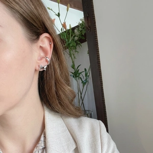 Elegant 925 sterling silver bow zircon stud earrings and smooth ear cuff set for women