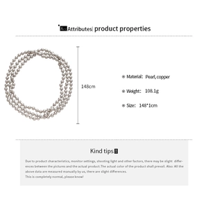 Detailed specs of the 148cm long multilayer faux pearl necklace with copper beads