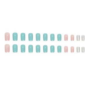 Short square press-on nails in mint green and light pink with silver glitter accents