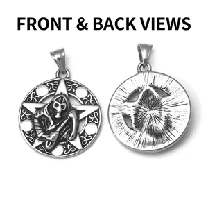 Retro stainless steel necklace with grim reaper and pentagram pendant shown front and back