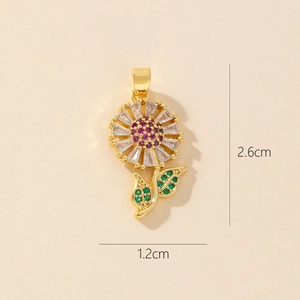 Detailed view of flower pendant dimensions 2.6cm by 1.2cm with colorful zircon stones