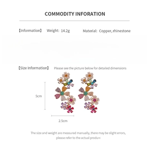 Detailed size specifications for 18k gold plated floral drop earrings with rhinestones