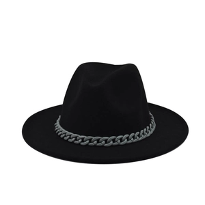 Close-up of black wool fedora hat featuring a stylish dark grey matte chunky chain detail