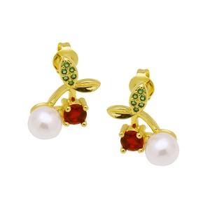 Detailed view of cherry-shaped gold earrings with red stones, pearls, and green crystals