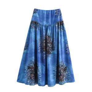 Detail of blue floral maxi skirt with black and brown abstract radial pattern