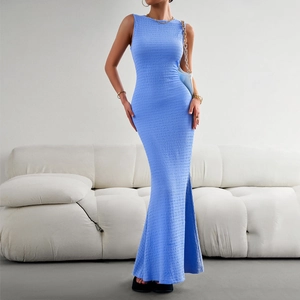 Elegant blue sleeveless slim fit knit dress with side slit and textured pattern for women