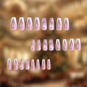 24pcs Christmas press-on nails with pink base, white snowflakes and French V-tips
