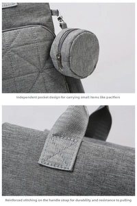 Detail of gray diaper bag showing detachable mini pouch and reinforced cross-stitch handle