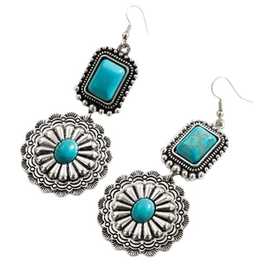 Bohemian style turquoise teardrop earrings with vintage silver metal finish for women