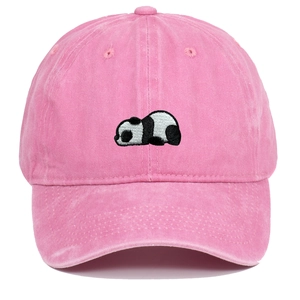 Close-up of pink washed cotton baseball cap with cute panda embroidery on the front