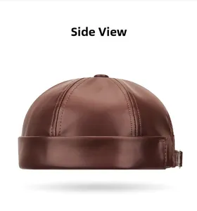 Side view of dark brown leather miki hat with adjustable metal buckle and stitching