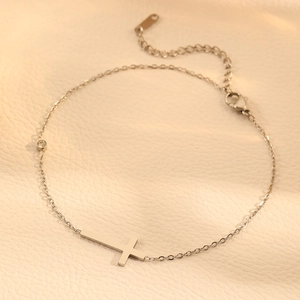 Elegant silver stainless steel cross anklet with sparkling crystal and extension chain