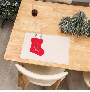 Christmas burlap placemat with red stocking cutlery holder pocket and ho ho ho embroidery