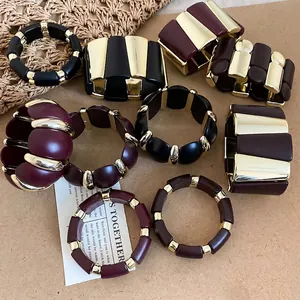 Retro acrylic bangles set in burgundy and black with gold metal accents for women