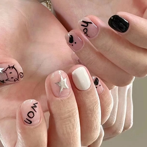 Press On Nails Cute Cartoon Cat Star Design Short Square Round Sweet Style For Women Girls Glossy Finish Pink Black