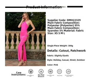 Detailed fabric and size chart for pink halter cut-out dress in 95% polyester blend