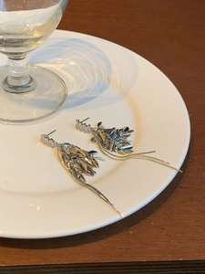 Détail macro de boucles d'oreilles à pompons argentés avec cristaux sur porcelaine