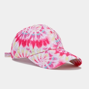Detailed view of tie-dye rainbow baseball cap with adjustable strap and cotton twill texture