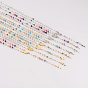 Colorful pearl religious rosary necklaces with crucifix pendants in gold and silver finish