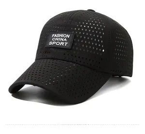 Detail view of black breathable laser-cut mesh sport baseball cap with fashion embroidery