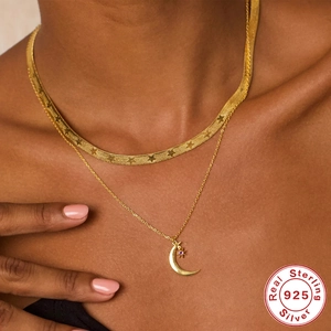 Double-layered S925 sterling silver gold necklace with star patterns and moon pendant