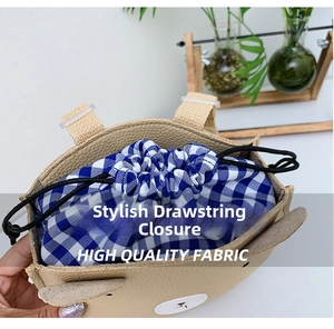 Detail of cute bear crossbody bag with cream PU leather and blue checkered drawstring top