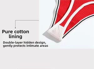 Detail of red ribbed thong featuring a soft double-layer white cotton crotch lining
