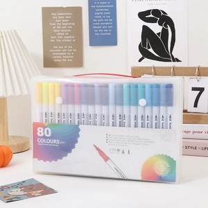 Dual-tip 80 colors watercolor marker set in portable clear case on a white desk