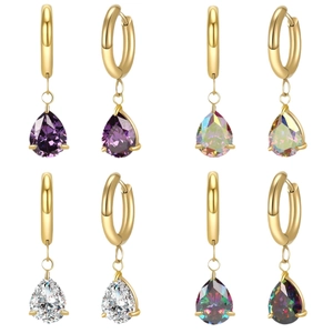 Titanium steel hoop earrings with colorful teardrop zircon pendants in four vibrant colors