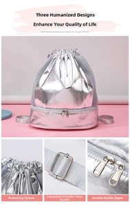 Detail of drawstring silver sports bag with reinforced metal zippers and adjustable buckles