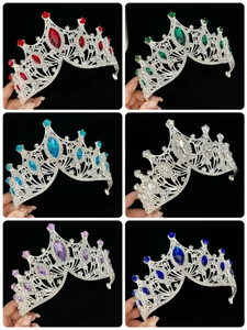 Detailed grid view of baroque bridal crowns in red, green, blue, purple, and clear crystals