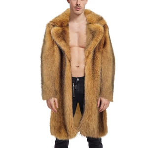 Detailed macro view of luxurious faux fur texture and large lapel on men's long coat