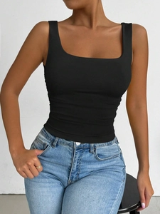 Close-up of black square-neck slim fit tank top with wide straps and ribbed texture