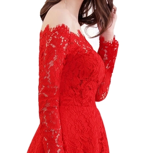 Elegant red lace off-shoulder long sleeve mini evening dress with floral embroidery