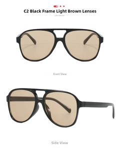 Detail view of aviator sunglasses with black frame and light tea lenses from two angles