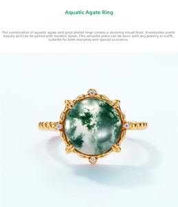 Detailed macro view of retro gold-plated ring with moss agate and twisted rope band texture