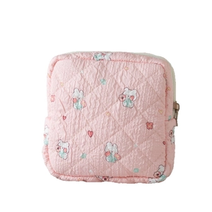 Pink quilted mini storage pouch with cute bear and floral patterns for girls