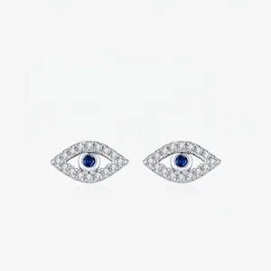 925 Sterling Silver Evil Eye Stud Earrings With Blue Cubic Zirconia Pave Fine Sparkling Jewelry For Women