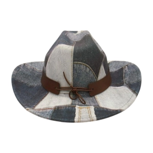 Retro western cowboy fedora hat with two-tone denim texture and brown leather band