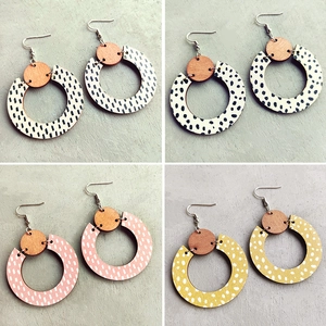 Bohemian Wood Drop Earrings Geometric Round Hollow Out Polka Dot Pattern Morandi Color Modern Trendy Jewelry For Women