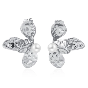 Polished silver petal earrings with center pearls in a symmetrical minimalist design