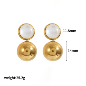 Cat eye stone and 18k gold plated stainless steel teardrop earrings with metal ball charm