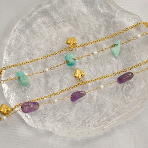 Bohemian gold chain bracelet with turquoise, amethyst, pearls and heart pendant charm