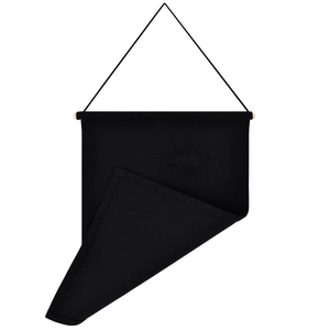 Detailed texture of black canvas pin banner with natural wooden hanging pole