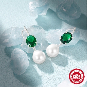 S925 Sterling Silver Emerald Gemstone and Pearl Drop Earrings with Zircon accents