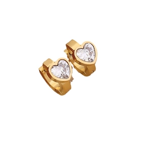Fashion double heart gold stainless steel hoop earrings with clear zircon stones