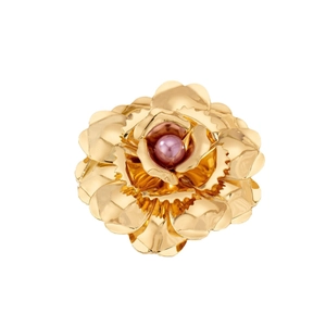 Elegant gold flower brooch with pink faux pearl center in a multi-petal fashion design