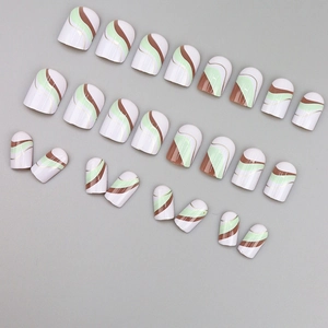 Short press-on nails with green and brown wave patterns and elegant gold glitter edges