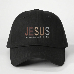 Black cotton baseball cap with JESUS print and adjustable strap for sun protection