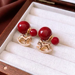 Rocking Horse Pendant Earrings With Red Beads And 925 Sterling Silver Earring Post 18K Gold Plated Zircon Retro For Women